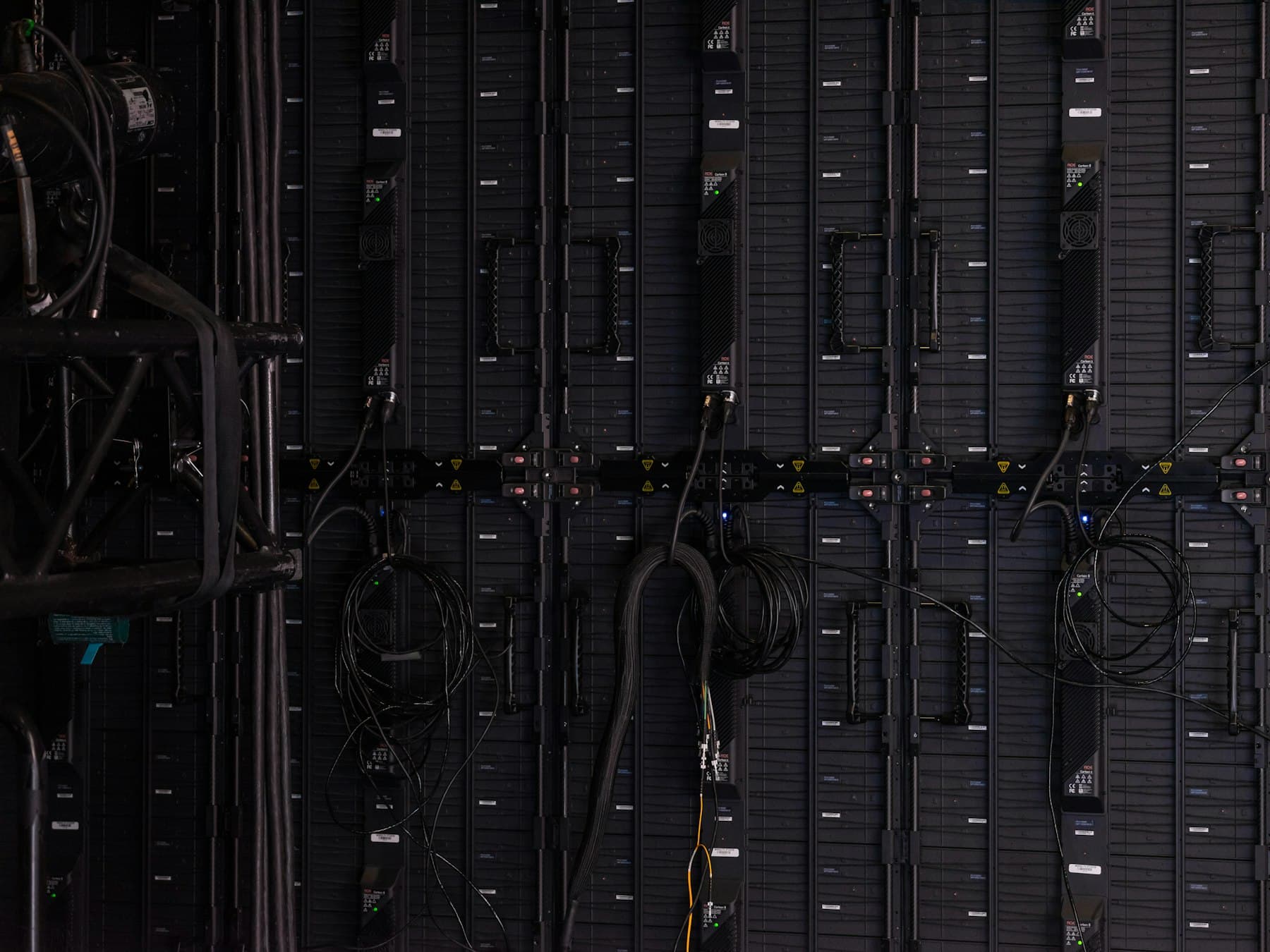 Close-up view of an illuminated server room