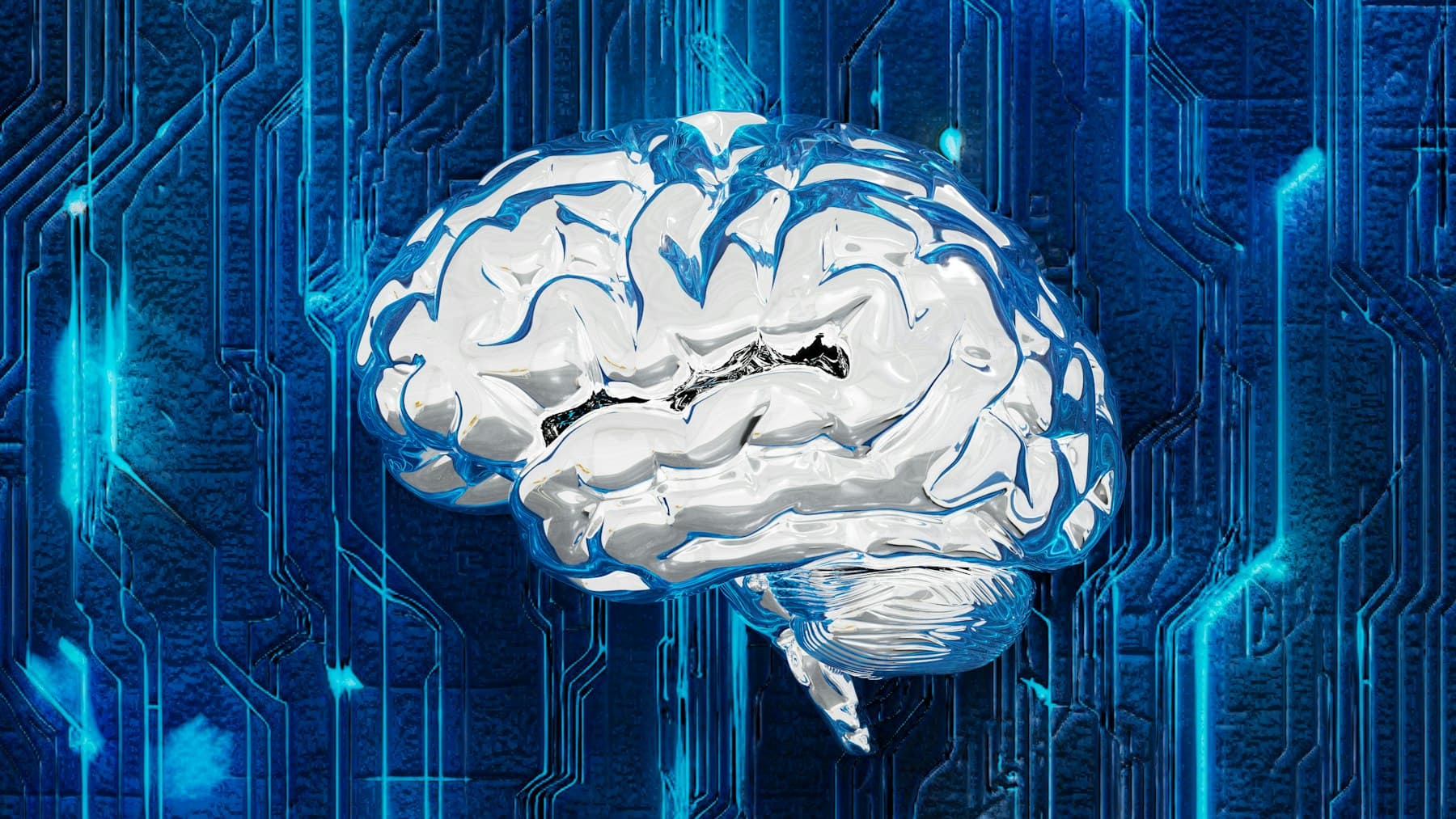 Circuit board pattern overlaid with a human brain silhouette