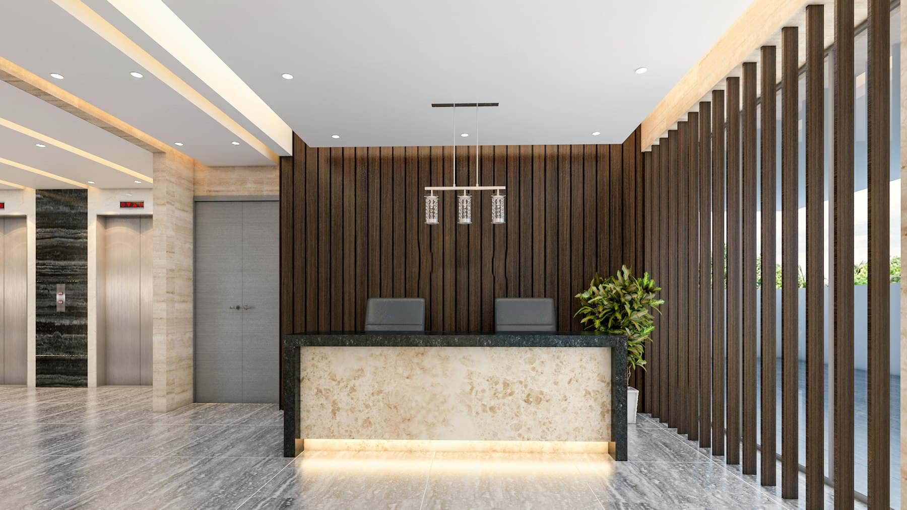 Modern office lobby with reception desk and elevators