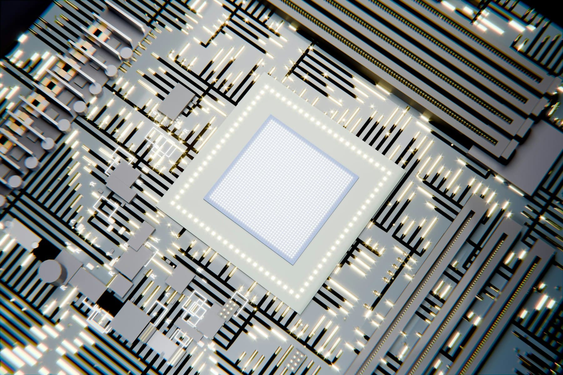 Glowing microchip on a circuit board