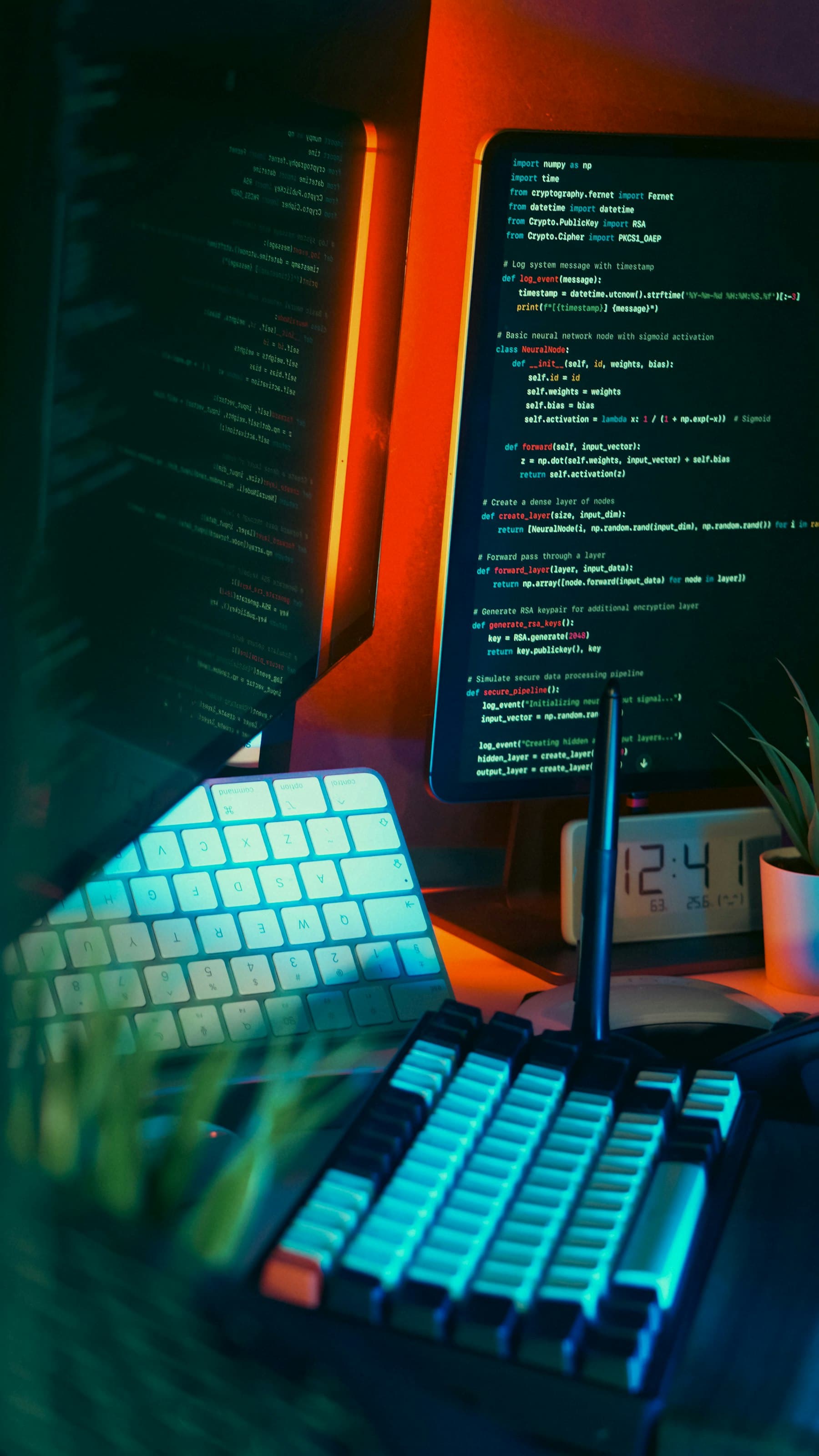 A coder's workspace filled with code on screen and keyboards